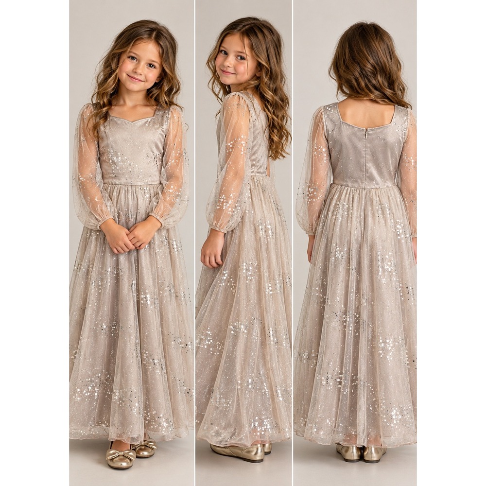 Joyfolie Mia Joy Layla Dress Champagne Sequin Tulle Maxi Girls Size 8 NWT $89